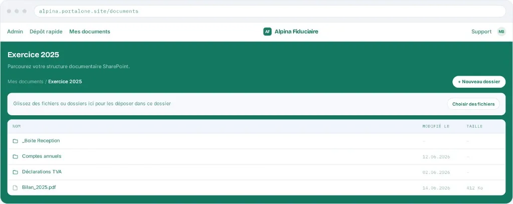 Portail Alpina Fiduciaire — navigation dans les documents SharePoint